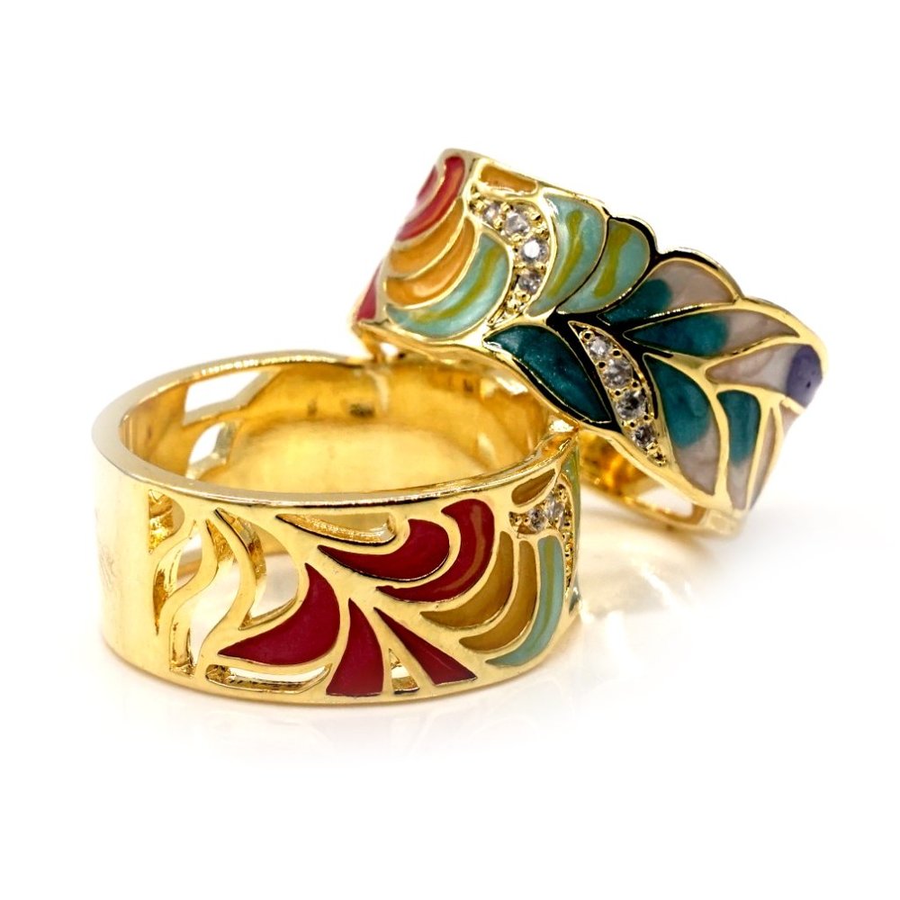 S925 Silver plated multi color fashion ring with golden color feathering. - Picture 6 of 12
